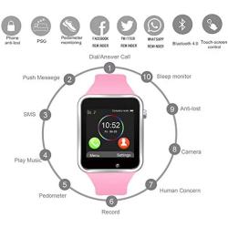 Smart Watch - Sazooy Bluetooth Smart Watch Support Make/Answer Phones Send/Get Messages Compatible Android iOS Phones with Camera Pedometer SIM SD Card Slot for Men Women (Pink)