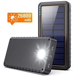 Solar Portable Charger 26800mAh Power Bank [Type-C Input] Fast Charging Phone Charger External Backup Battery Pack with 2 USB Output, LED Flashlight, Shockproof, Non-Slip, for iPhone, Samsung Galaxy