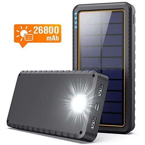 Solar Portable Charger 26800mAh Power Bank [Type-C Input] Fast Charging Phone Charger External Backup Battery Pack with 2 USB Output, LED Flashlight, Shockproof, Non-Slip, for iPhone, Samsung Galaxy