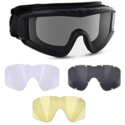 Flantor Airsoft Goggles -Outdoor Tactical Goggles Safety Anti Fog Goggles Military Goggle Glasses with 3 Interchangable Lenses & UV400 Protection for Paintball Hunting shotting Cycling