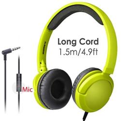 Avantree Long Cord Wired Headphones with Microphone(1.5M/4.9FT), Superb Sound, Comfortable, for Kids, Adults, Lightweight, On Ear Headset for Phone, Laptop, Computer, iPad, Tablet - 026 Yellow Green