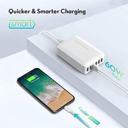 USB Charger RAVPower 60W 12A 6-Port Desktop USB Charging Station with iSmart Multiple Port, Compatible iPhone SE 11 Pro Max XS XR X iPad Pro Air Mini Galaxy S10 Note 10 Tablet and More (White)