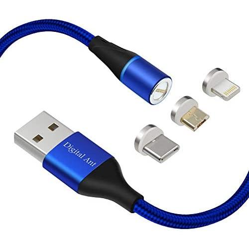 Digital Ant Round Version 7 Pins USB C+Micro USB+i-Product 3 Tips/Connectors in 1 Nylon Braided Magnetic Fast Charging 3.0A & Data Sync Cable (5-Feet Blue 1-Pack)