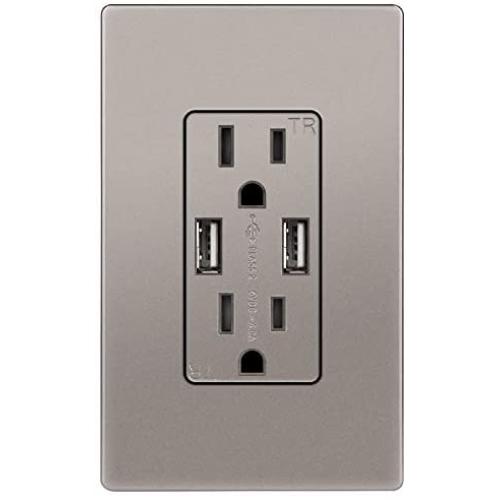 TOPGREENER High Speed USB Wall Outlet, 15A Tamper-Resistant Receptacles, Compatible with iPhone XS/MAX/XR/X/8/7, Samsung Galaxy S9/S8/S7, LG, HTC & more Smartphones, UL Listed, TU2154A-NK, Nickel
