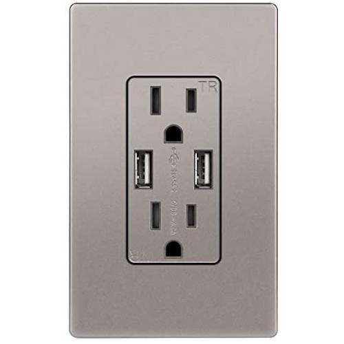 TOPGREENER High Speed USB Wall Outlet, 15A Tamper-Resistant Receptacles, Compatible with iPhone XS/MAX/XR/X/8/7, Samsung Galaxy S9/S8/S7, LG, HTC & more Smartphones, UL Listed, TU2154A-NK, Nickel