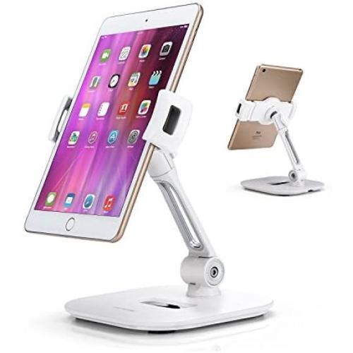 AboveTEK Stylish Aluminum Tablet Stand, Cell Phone Stand, Folding 360° Swivel iPad iPhone Desk Mount Holder fits 4-11” Tablets/Smartphones for Kitchen Bedside Office Table POS Kiosk Reception Showroom