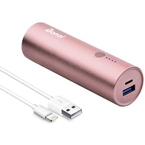 Portable Charger, BONAI Power Bank 5000mAh, (Ultra-Compact)(Aluminum)(Travel) Slim External Backup Battery Pack High-Speed Output Compatible iPhone,iPad,iPod,Samsung-Rose Gold(Charging Cable Included)