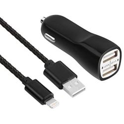 Car Charger, FOBSUNLAND High Speed 3.1A Daul USB Car Charger with 3ft Charging Cord Compatible with iPhone 7 7Plus 6 6Plus 6s 6sPlus 5 5S 5C SE,iPad and More (Black)