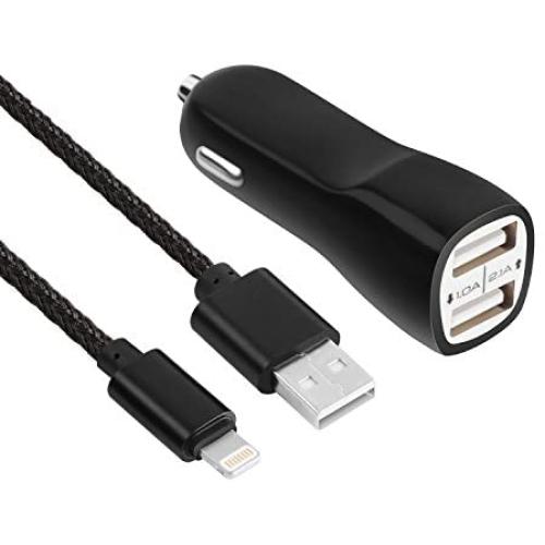 Car Charger, FOBSUNLAND High Speed 3.1A Daul USB Car Charger with 3ft Charging Cord Compatible with iPhone 7 7Plus 6 6Plus 6s 6sPlus 5 5S 5C SE,iPad and More (Black)