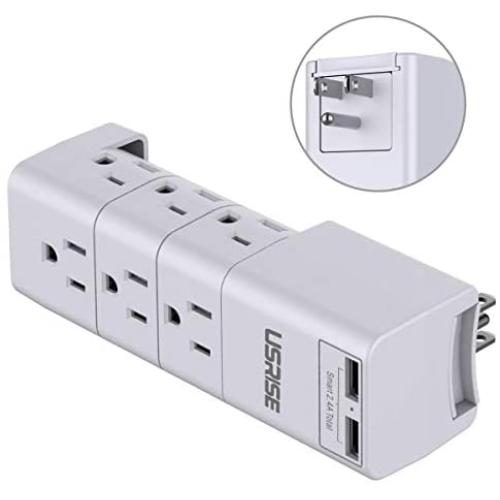 Outlet Splitter, USRISE Multi Plug Outlet with 9-Outlet Extender Adapter and 2 USB Charging Ports, Extra UK, China/Australia, European plug adapters, White