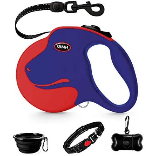 QiMH Retractable Dog Leash, 360° Tangle-Free Heavy Duty 16ft Reflective Walking Dog Leash Ribbon with Anti-Slip Handle for Medium and Large Dogs Up to 110lbs, One-Handed Brake, Pause and Lock