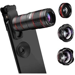 AFAITH 5 in 1 Phone Camera Lens Kit-12X Zoom Telephoto Lens + 0.36X Wide Angle+ 180° Fisheye Lens+ Dual 15X Macro Lens for iPhone X/XS/8/8P/7/6, Samsung S10/S10+/S9/S8/S6 and Other Smartphone