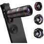 AFAITH 5 in 1 Phone Camera Lens Kit-12X Zoom Telephoto Lens + 0.36X Wide Angle+ 180° Fisheye Lens+ Dual 15X Macro Lens for iPhone X/XS/8/8P/7/6, Samsung S10/S10+/S9/S8/S6 and Other Smartphone