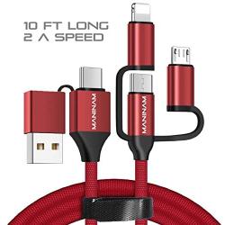 MANINAM Travel 5in1 Multi USB Charging Data Cable, 10FT LONG USB C Type C Micro USB Cable, 2A Current Charging Cord, Cotton Braided with Cable Organizer for Phone Tablet Power Bank Camera Nintendo etc