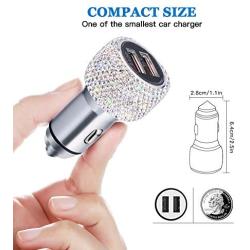 Quick Charge 3.0 Car Charger, SAVORI Bling Bling Handmade Crystal Rhinestones Dual USB Car Charger Adapter for iPhone, iPad Pro/Air 2/Mini, Samsung Galaxy Note9/8/S9/S9+, LG, Nexus, HTC, etc (White)