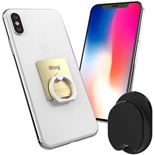 iRing with Hook for car or Wall mounting. Original AAUXX Cell Phone Grip Finger Holder, Mobile Stand, Kickstand, Car Mount Cradle for iPhone, Samsung, Android, Smartphones, Tablets.(Gold)