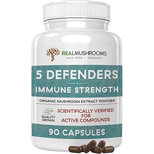 5 Defenders Mushroom Extract Powder Capsules for Immune Support & Digestion, 90 Caps Chaga, Reishi, Shiitake, Maitake & Turkey Tail Supplement for Stress & Better Mood, Verified Levels of Beta-Glucans