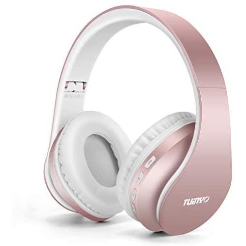 Bluetooth Headphones,Tuinyo Wireless Headphones Over Ear with Microphone, Foldable & Lightweight Stereo Wireless Headset for Travel Work TV PC Cellphone- Rose Gold