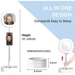 CameCosy Selfie LED Light with Tripod Stand +Foldable Beauty Mirror+Cell Phone Holder, Adjustable Brightness Fill Light for Makeup/Camera Video/YouTube, Compatible with iPhone/Android.-White