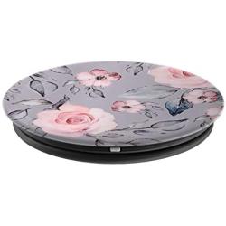 Pink Flowers Purple Floral and Gray Leaves Pattern PopSockets Grip and Stand for Phones and Tablets