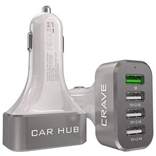 Crave CarHub 54W 4 Port USB Car Charger, Qualcomm Quick Charge 3.0 - White