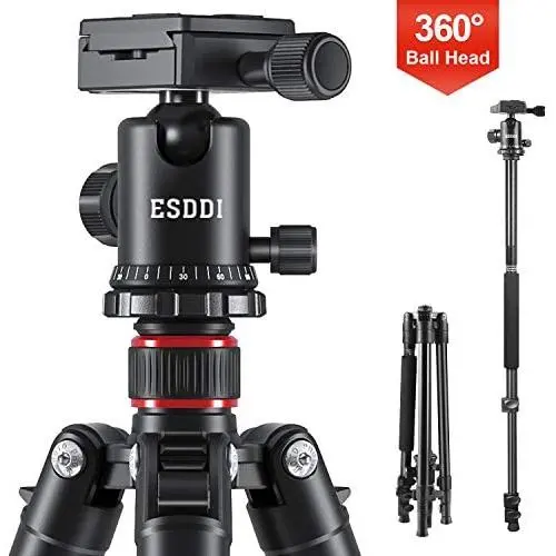ESDDI Camera Tripod, DSLR Tripod with 360° Ball Head, 64" Aluminum Tripod with Monopod 1/4" Quick Release Plate and Phone Holder for Vlog,Travel and Work ESDDI Camera Tripod, DSLR Tripod with 360° Ball Head, 64" Aluminum Tripod with Monopod 1/4" Quick Release Plate and Phone Holder for Vlog,Travel and Work