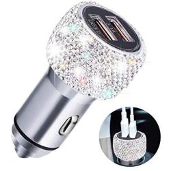 Quick Charge 3.0 Car Charger, SAVORI Bling Bling Handmade Crystal Rhinestones Dual USB Car Charger Adapter for iPhone, iPad Pro/Air 2/Mini, Samsung Galaxy Note9/8/S9/S9+, LG, Nexus, HTC, etc (White)