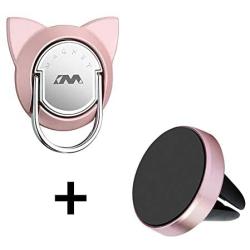 Magnetic Phone Ring Holder Cat with Car Mount, Magnet Swivel Phone Finger Ring Stand, 360 Degree Ring Grip for Cell Phone and Tablet (1 Set,Rose Gold)