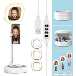 CameCosy Selfie LED Light with Tripod Stand +Foldable Beauty Mirror+Cell Phone Holder, Adjustable Brightness Fill Light for Makeup/Camera Video/YouTube, Compatible with iPhone/Android.-White