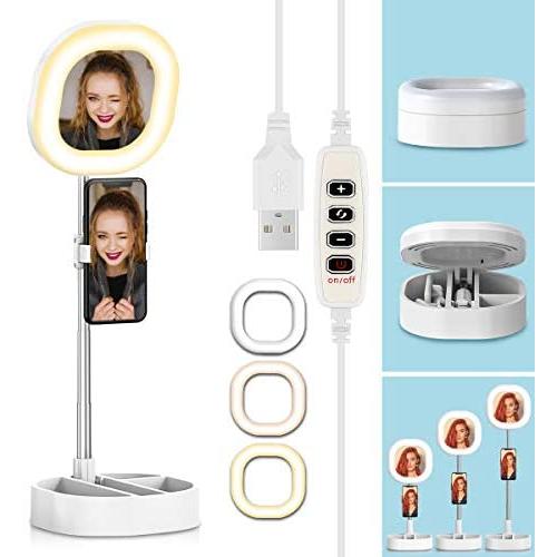CameCosy Selfie LED Light with Tripod Stand +Foldable Beauty Mirror+Cell Phone Holder, Adjustable Brightness Fill Light for Makeup/Camera Video/YouTube, Compatible with iPhone/Android.-White