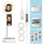 CameCosy Selfie LED Light with Tripod Stand +Foldable Beauty Mirror+Cell Phone Holder, Adjustable Brightness Fill Light for Makeup/Camera Video/YouTube, Compatible with iPhone/Android.-White