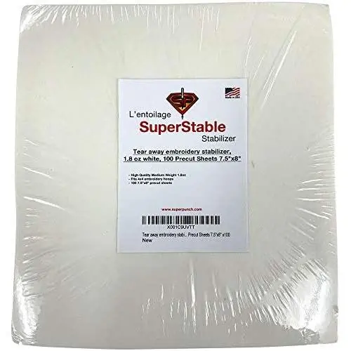 Tear Away Stabilizer White 1.8 oz 100 Precut Sheets 7.5 inch x 8 inch. SuperStable Embroidery Stabilizer Backing Tear Away Stabilizer White 1.8 oz 100 Precut Sheets 7.5 inch x 8 inch. SuperStable Embroidery Stabilizer Backing