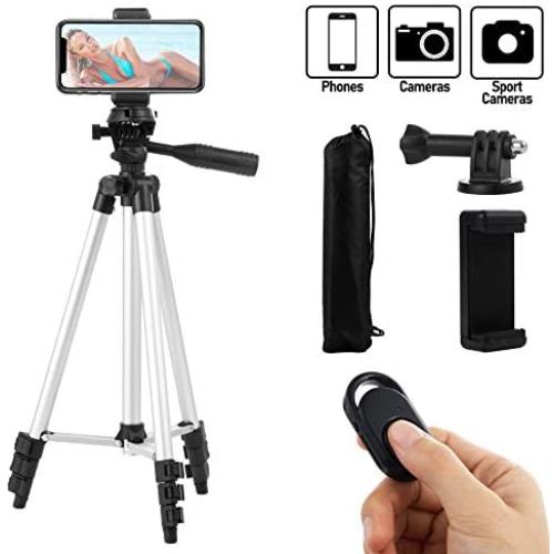 Coching Phone Tripod, 42 Inch 106cm Aluminum Lightweight Tripod for iPhone/Cellphone, Camera and GoPro, Quick Release Plate, Bluetooth Remote Control, Phone Clip and Gopro Mount, Carrying Bag (Silver)