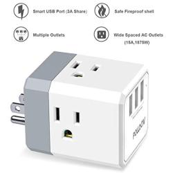 Multi Plug Outlet, Outlet expanders, POWSAV USB Wall Charger with 3 USB Ports(Smart 3.0A Total) and 3-Outlet Extender with 3 Way Splitter, No Surge Protector for Cruise Ship, Home, Office, ETL Listed