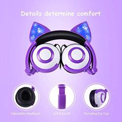 Isightguard Kids Headphones, Wired Headphones On Ear, Cat Ear Headphones with LED for Girls, 3.5mm Audio Jack for Cell Phone (Purple)