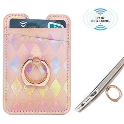 Oddss Rose Gold Cell Phone Card Hoder with Ring Stand RFID Blocking Ring Pocket Wallet Stick on Cell Phone Credit for Back of iPhone,Android Smartphones