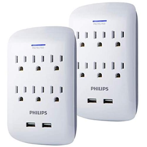 PHILIPS Surge Protector, 2 Pack, 6 Outlet, 2 USB Ports, 900 Joules, Wall Adapter, Extender, Charges Smartphones, White, SPP6266WB/37