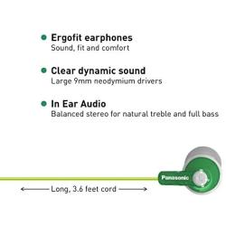 Panasonic ErgoFit In-Ear Earbud Headphones RP-HJE120-G (Green) Dynamic Crystal Clear Sound, Ergonomic Comfort-Fit