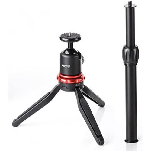Movo Universal Mini Camera Tripod with Extendable Pole (MV-T1) Adjustable Head, Heavy-Duty Aluminum Travel Stand for DSLR, Mirrorless, GoPro, Smartphones, Compact, Portable