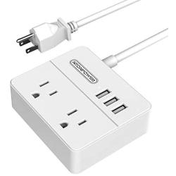 NTONPOWER Travel Power Strip 2 Outlets 3 USB Charging Ports Small Power Station with 3.3ft Extension Cord for Smartphone Tablets Cruise Hotel Office Bedside Table - White