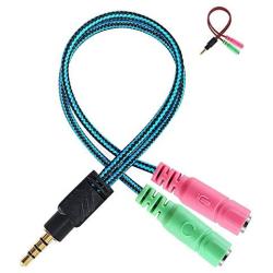 Headset Mic and Audio Splitter Cable,Headphone Stereo Y Jack Splitter Adapter, Male 3.5 mm to 2 Port 3.5 mm Famale for PC,Earphone,Tablet,PS4,Xbox one (Blue)