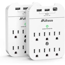 2 Pack Multi Plug Outlet Extender with 3 USB (2 USB-A 1 USB-C 4.5 A), 6 Outlet Surge Protector Power Strip, Wall Mount Adapter Tap with Phone Holder for Office Home (490 Joules, White)