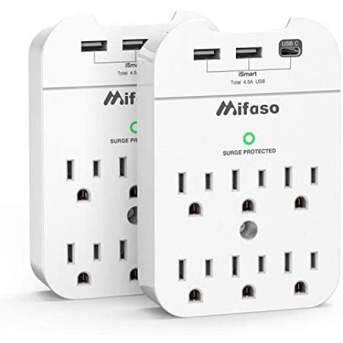 2 Pack Multi Plug Outlet Extender with 3 USB (2 USB-A 1 USB-C 4.5 A), 6 Outlet Surge Protector Power Strip, Wall Mount Adapter Tap with Phone Holder for Office Home (490 Joules, White)