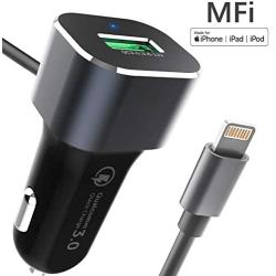 iPhone Car Charger, 3ft [Apple MFI Certified] Lighting Car Charger with Extra QC 3.0 USB Port for iPhone 11, X, XR, XS, 8, 8 Plus, 7, 7 Plus 6S / 6S Plus, 6 Plus, SE, 5S, iPad Pro, Air 2, Mini 4