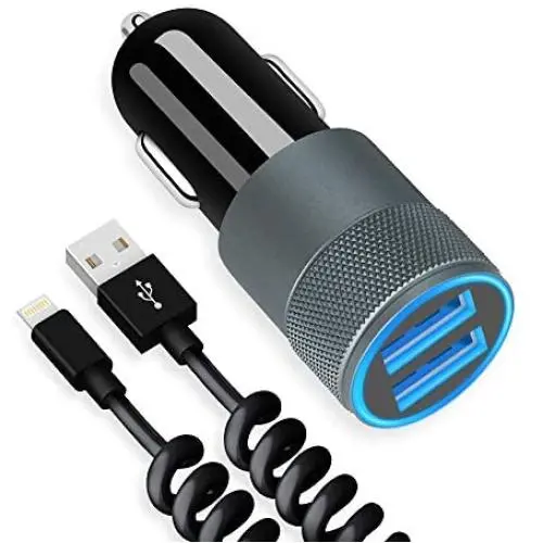 Fast Car Charger Adapter, Compatible with Apple iPhone 11/11 Pro/11 Pro Max/X/XS/XS MAX/XR/SE 2020/8 Plus/8/7 Plus/7/6s/6/iPad Air/Mini, 3.1A Dual USB Ports with Separate Coiled Charging Cable Cord Fast Car Charger Adapter, Compatible with Apple iPhone 11/11 Pro/11 Pro Max/X/XS/XS MAX/XR/SE 2020/8 Plus/8/7 Plus/7/6s/6/iPad Air/Mini, 3.1A Dual USB Ports with Separate Coiled Charging Cable Cord