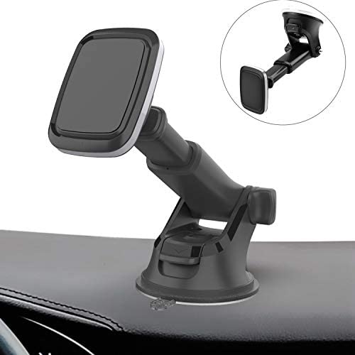 Suction Cup Magnetic Phone Car Mount with Quick Extendable Telescopic Arm, Industrial-Strength Suction Cup, 6 Strong Magnets, 3 Metal Plates, Dashboard Windshield Holder for All iPhone Cell Phone