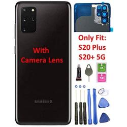 Galaxy S20+ Plus 5G Back Glass Replacement Back Cover Glass Housing Door with Camera Lens and Pre-Installed Tape for Samsung Galaxy S20 Plus S20+ with Tools (Black)