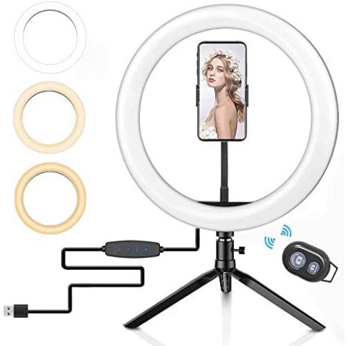 10.2" Selfie Ring Light with Tripod Stand & Cell Phone Holder for Live Stream Make Up and Photography, Portable LED Selfie Light Ring with 3-Color Modes and 10 Levels of Brightness