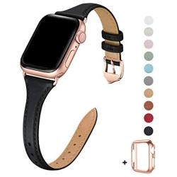 WFEAGL Leather Bands Compatible with Apple Watch 38mm 40mm 42mm 44mm, Top Grain Leather Band Slim & Thin Wristband for iWatch Series 5 & Series 4/3/2/1 (Black Band+Rose Gold Adapter, 38mm 40mm)