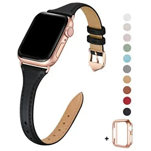 WFEAGL Leather Bands Compatible with Apple Watch 38mm 40mm 42mm 44mm, Top Grain Leather Band Slim & Thin Wristband for iWatch Series 5 & Series 4/3/2/1 (Black Band+Rose Gold Adapter, 38mm 40mm) WFEAGL Leather Bands Compatible with Apple Watch 38mm 40mm 42mm 44mm, Top Grain Leather Band Slim & Thin Wristband for iWatch Series 5 & Series 4/3/2/1 (Black Band+Rose Gold Adapter, 38mm 40mm)